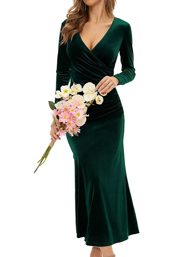 Women‘s Party Dress Wedding Guest Dress Sheath Dress Trumpet / Mermaid Dress Long Dress Maxi Dress Black Wine Purple Long Sleeve Pure Color Ruched Fall Autumn V Neck Elegant Winter Dress Evening Party 9 Women‘s Party Dress Wedding Guest Dress Sheath Dress Trumpet / Mermaid Dress Long Dress Maxi Dress Black Wine Purple Long Sleeve Pure Color Ruched Fall Autumn V Neck Elegant Winter Dress Evening Party - Image 7