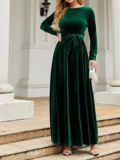 Women's Party Dress Velvet Dress Emerald Green Dress Long Dress Maxi Dress Black Wine Green Long Sleeve Pure Color Lace Up Spring Fall Winter Round Neck Fashion Winter Dress Fall Dress Spring Dress -Tesla Style tksewi1664430781811