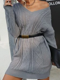 Women's Sweater Dress Winter Dress Jumper Dress Mini Dress Ruched Outdoor Street Daily Fashion Streetwear V Neck Long Sleeve 2023 Loose Fit Gray Color S M L Size -Tesla Style tkwhev1695036411344