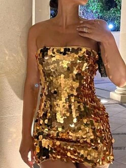 Women's Party Dress Sequin Dress Bodycon Mini Dress Yellow Blue Purple Sleeveless Pure Color Sequins Summer Spring Strapless Party Vacation Summer Dress Slim 2023 S M L -Tesla Style tlcqvd1678256119370