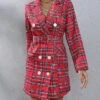 Women's Work Dress Blazer Dress Sheath Dress Fashion Mini Dress Button Print Lapel Long Sleeve Plaid Regular Fit Red Khaki Fall S M L XL XXL