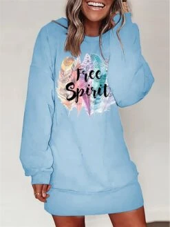 Women's Casual Dress Sweatshirt Dress Winter Dress Letter Feather Print Crew Neck Mini Dress Fashion Streetwear Outdoor Daily Long Sleeve Loose Fit White Blue Orange Fall Winter S M L XL XXL -Tesla Style tlgemh1692938290188