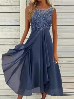 Women's Party Dress Lace Dress Cut Out Dress Midi Dress Blue Purple Green Sleeveless Pure Color Lace Summer Spring Fall Crew Neck Fashion Evening Party Wedding Guest Vacation Loose Fit 2023 S M L XL -Tesla Style tljehe1683188023506