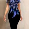 Women's Work Dress Sheath Dress Semi Formal Dress Fashion Midi Dress Print Crew Neck Short Sleeve Floral Slim Yellow Red Blue Summer Spring S M L XL XXL -Tesla Style tlshnv1680088560039