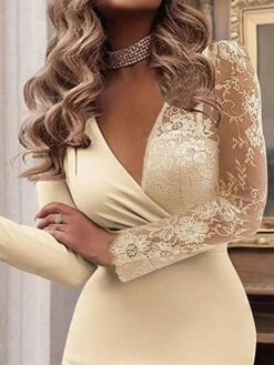 Women's Work Dress Bodycon Sheath Dress Mini Dress Apricot Long Sleeve Floral Lace Summer Spring V Neck Fashion Office 2023 S M L XL -Tesla Style tmbbcb1671604413717