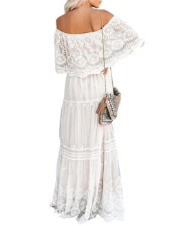 Women's Long Dress Maxi Dress Party Dress Lace Dress Swing Dress Floral Fashion Elegant Dress Daily Vacation Going Out Lace Mesh Half Sleeve Off Shoulder Dress Slim White Summer Spring S M L XL -Tesla Style tmhjyo1672990409002