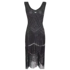 Women‘s Halloween Dress Party Dress Fringe Dress Knee Length Dress Black Gold Sapphire Silver Gray Khaki Green White Black Red Sleeveless Geometric Abstract Sequins Tassel Fringe Spring U Neck Elegant -Tesla Style tmicue1696850127243