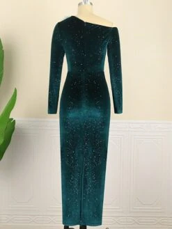 Women‘s Cocktail Party Dress Wedding Guest Dress Velvet Dress Feather Dress Maxi Long Dress Dark Green Long Sleeve Pure Color Fall Spring One Shoulder Elegant Winter Dress 2023 S M L XL XXL XXXL -Tesla Style tmkmhx1668501864831