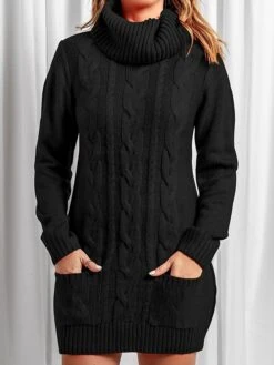 Women‘s Sweater Dress Winter Dress Jumper Dress Mini Dress Pocket Outdoor Street Daily Fashion Streetwear Turtleneck Long Sleeve 2023 Loose Fit Black Red Khaki Color S M L XL XXL Size -Tesla Style tmqimf1694056901870