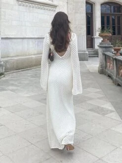 Women's Sweater Dress Winter Dress Jumper Dress Midi Dress Hollow Out Ribbed Outdoor Daily Date Active Fashion V Neck Long Sleeve 2023 Regular Fit White Green Color S M L Size -Tesla Style tnasdg1692695941146
