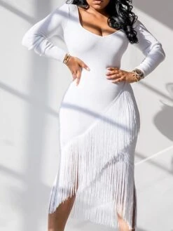 Women‘s Party Dress Wedding Guest Dress Fringe Dress Bodycon Midi Dress Black White Red Long Sleeve Pure Color Tassel Fringe Spring Fall Winter V Neck Fashion Winter Dress Vacation 2022 S M L XL XXL -Tesla Style tniomv1640250276392
