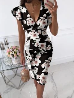 Women's Sheath Dress Midi Dress Safflower On White White Flowers On Black Tie Dye Short Sleeve Print Print Summer Spring V Neck Sexy 2023 S M L XL XXL XXXL -Tesla Style tnkihd1694504504486