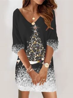 Women‘s Christmas Casual Dress Sweatshirt Dress Mini Dress Fashion Daily Outdoor Vacation V Neck Print Tree Loose Fit Black Red Blue S M L XL XXL -Tesla Style tnstit1695027784864