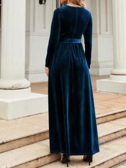 Women's Party Dress Velvet Dress Emerald Green Dress Long Dress Maxi Dress Black Wine Green Long Sleeve Pure Color Lace Up Spring Fall Winter Round Neck Fashion Winter Dress Fall Dress Spring Dress -Tesla Style todiqv1664430786927