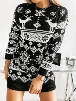 Women‘s Christmas Sweater Dress Jumper Dress Winter Dress Fashion Ugly Christmas Christmas Daily Vacation Going Out Crew Neck Long Sleeve Patchwork 2023 Loose Fit Black Wine Gray S M L -Tesla Style tozjax1694602204371