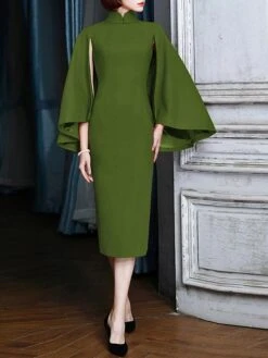 Women's Work Dress Sheath Dress Semi Formal Dress Fashion Office Daily Midi Dress Split Stand Collar Long Sleeve Plain Regular Fit Blue Army Green Spring Fall S M L XL XXL