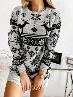 Women‘s Christmas Sweater Dress Jumper Dress Winter Dress Warm Geometric Plaid Print Outdoor Christmas Casual Daily Crew Neck Long Sleeve 2023 Loose Fit Black Red Gray S M L XL XXL -Tesla Style tplpnf1694165722541