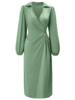Women's Party Dress Cocktail Dress Satin Dress Midi Dress Champagne Brown Green Long Sleeve Pure Color Ruched Fall Winter Autumn Shirt Collar Fashion Wedding Guest Birthday Vacation 2023 S M L XL -Tesla Style tqefgz1693558733642