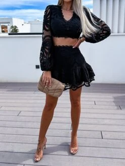 Women's Party Dress Lace Dress Cocktail Dress Mini Dress Black White Long Sleeve Pure Color Lace Fall Winter Autumn V Neck Fashion Vacation 2023 S M L XL XXL -Tesla Style tqjipx1694166357843