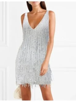 Women's Party Dress Fringe Dress Sequin Dress Mini Dress Silver Sleeveless Pure Color Sequins Summer Spring V Neck Stylish Party Wedding Guest 2023 S M L XL XXL