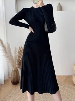 Women's Sweater Dress Jumper Dress Casual Dress Midi Dress Fashion Pure Color Outdoor Daily Going Out Crew Neck Long Sleeve 2023 Slim Black Blue Apricot One Size -Tesla Style tqqsyp1696670410267