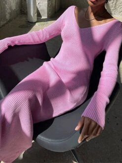 Women's Sweater Dress Jumper Dress Casual Dress Midi Dress Fashion Pure Color Outdoor Vacation Going Out V Neck Long Sleeve 2023 Regular Fit Black Pink Blue S M L -Tesla Style tqvbxw1697538592041