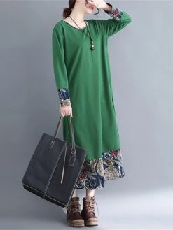 Women's Work Dress Black Dress Semi Formal Dress Fashion Midi Dress Print Crew Neck Long Sleeve Floral Loose Fit Black Blue Green Fall Winter M L XL XXL -Tesla Style tqvwgq1693300592207