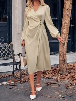 Women's Party Dress Cocktail Dress Satin Dress Midi Dress Champagne Brown Green Long Sleeve Pure Color Ruched Fall Winter Autumn Shirt Collar Fashion Wedding Guest Birthday Vacation 2023 S M L XL -Tesla Style trjpuz1696077352178