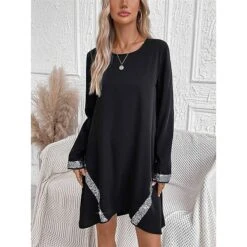 Women's Party Dress Sequin Dress Cocktail Dress Mini Dress Black Long Sleeve Pure Color Patchwork Spring Fall Winter Crew Neck Fashion Wedding Guest Vacation 2023 S M L XL XXL 3XL -Tesla Style trrxwq1695633981417