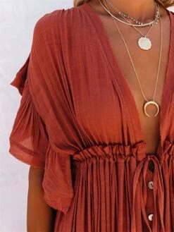 Women's Long Dress Maxi Dress Party Dress Casual Dress Swing Dress Pure Color Fashion Casual Outdoor Daily Vacation Ruffle Backless Short Sleeve V Neck Dress Loose Fit ArmyGreen White Red Summer -Tesla Style trzjpw1676277823701