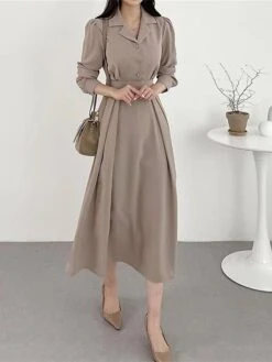 Women's Work Dress Semi Formal Dress A Line Dress Fashion Office Daily Workfashion Midi Dress Ruched Button Shirt Collar Long Sleeve Plain Loose Fit Black Brown Apricot Fall Winter S M L XL -Tesla Style tsaveb1695805442109