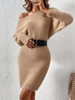 Women's Sweater Dress Winter Dress Jumper Dress Midi Dress Patchwork Street Daily Date Fashion Streetwear Crew Neck Long Sleeve 2023 Slim Black White Khaki Color S M L XL Size -Tesla Style tsfqfx1692095366279