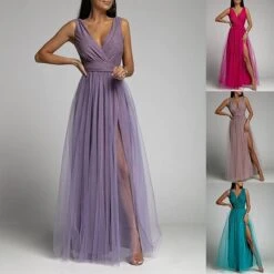 Womenâs Prom Party Dress Wedding Guest Sheath Dress Swing Dress Long Dress Maxi Dress Pink Purple Sleeveless Pure Color Mesh Winter Fall Spring V Neck Fashion Evening Party Slim 2023 S M L XL