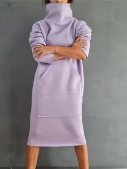 Women's Sweatshirt Dress Casual Dress Midi Dress Fashion Daily Outdoor Vacation Going Out Turtleneck Pocket Solid Color Regular Fit Black Yellow Purple S M L XL XXL -Tesla Style tsnfsj1697541676066