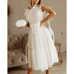 Women's Party Dress Lace Dress Homecoming Dress Midi Dress Black White Pink Sleeveless Pure Color Patchwork Summer Spring Fall Stand Collar Fashion Party Birthday Wedding Guest 2023 S M L XL XXL -Tesla Style tsqaol1676871835448