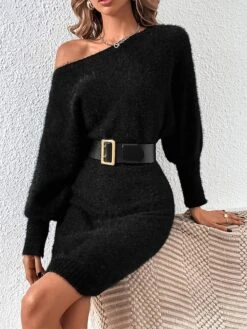 Women's Sweater Dress Winter Dress Jumper Dress Midi Dress Patchwork Street Daily Date Fashion Streetwear Crew Neck Long Sleeve 2023 Slim Black White Khaki Color S M L XL Size -Tesla Style tsuaff1692095371763