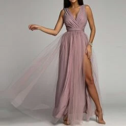 Women‘s Prom Party Dress Wedding Guest Sheath Dress Swing Dress Long Dress Maxi Dress Pink Purple Sleeveless Pure Color Mesh Winter Fall Spring V Neck Fashion Evening Party Slim 2023 S M L XL -Tesla Style tsvhls1671515385894