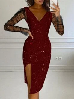 Women's Party Dress Sequin Dress Lace Dress Knee Length Dress Black Wine Navy Blue Long Sleeve Polka Dot Sequins Spring Fall Winter V Neck Fashion Party Winter Dress Wedding Guest 2023 S M L XL 2XL -Tesla Style tsxguj1658803646085