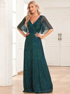 Women's Prom Dress Party Dress Sequin Dress Long Dress Maxi Dress Dark Green Short Sleeve Pure Color Ruched Summer Spring Fall V Neck Formal Wedding Guest Evening Party 2023 S M L XL XXL -Tesla Style ttbtbm1697089394544