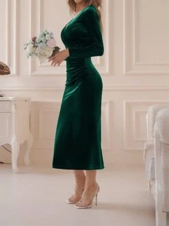 Women‘s Christmas Prom Dress Party Dress Velvet Dress Long Dress Maxi Dress Black Wine Dark Green Long Sleeve Pure Color Ruched Spring Fall Winter V Neck Fashion Winter Dress Birthday Evening Party -Tesla Style ttcxwq1691402339893