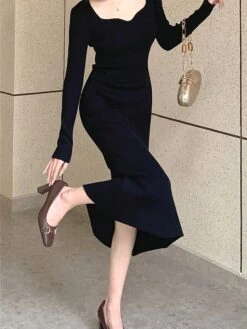 Women's Sweater Dress Jumper Dress Casual Dress Midi Dress Fashion Pure Color Outdoor Daily Vacation Going Out V Neck Long Sleeve Patchwork 2023 Regular Fit Black Pink Blue S M -Tesla Style ttcyvb1695268453081
