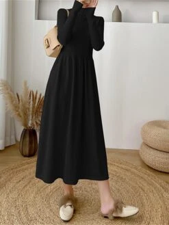 Women's Sweater Dress Jumper Dress Casual Dress Midi Dress Fashion Plain Outdoor Daily Going Out Turtleneck Long Sleeve 2023 Loose Fit Black Apricot One Size -Tesla Style ttkjpm1695630306608