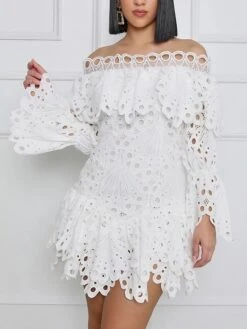 Womenâs Wedding Guest Dress Party Dress Lace Dress Shift Dress White Dress Mini Dress White Long Sleeve Pure Color Lace Winter Fall Autumn Off Shoulder Fashion Winter Dress Fall Dress 2023 S M L XL