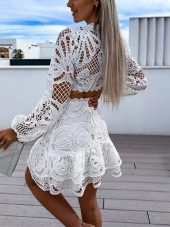 Women's Party Dress Lace Dress Cocktail Dress Mini Dress Black White Long Sleeve Pure Color Lace Fall Winter Autumn V Neck Fashion Vacation 2023 S M L XL XXL -Tesla Style ttpzmn1694166364231