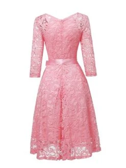 Women‘s Vintage Tea Dresses Party Dress Lace Dress Homecoming Dress Knee Length Dress Pink Wine Navy Blue 3/4 Length Sleeve Pure Color Lace Summer Spring Fall V Neck Classic Winter Dress -Tesla Style tumtze1600920039048