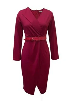 Women's Work Dress Casual Dress Sheath Dress Fashion Office Daily Workfashion Midi Dress Lace Up Ruched V Neck Long Sleeve Plain Regular Fit Red Green Dark Blue Fall Winter S M L XL XXL -Tesla Style turenv1695645169747