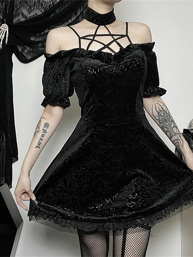 Women's Party Dress Velvet Dress Cocktail Dress Mini Dress Black Short Sleeve Pure Color Lace Spring Fall Winter Halter Neck Fashion Halloween Birthday Wedding Guest 2023 S M L 9 Women's Party Dress Velvet Dress Cocktail Dress Mini Dress Black Short Sleeve Pure Color Lace Spring Fall Winter Halter Neck Fashion Halloween Birthday Wedding Guest 2023 S M L - Image 7