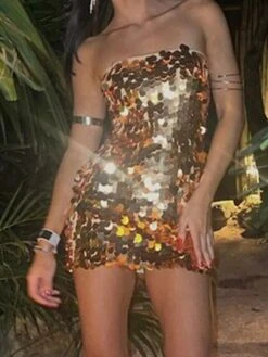 Women's Party Dress Sequin Dress Bodycon Mini Dress Yellow Blue Purple Sleeveless Pure Color Sequins Summer Spring Strapless Party Vacation Summer Dress Slim 2023 S M L -Tesla Style twatba1678256117853