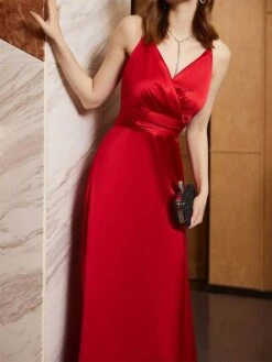 Women's Prom Dress Party Dress Satin Dress Long Dress Maxi Dress Champagne Pink Red Sleeveless Pure Color Backless Spring Fall Winter Spaghetti Strap Fashion Winter Dress Evening Party Wedding Guest -Tesla Style twcssk1692079367066