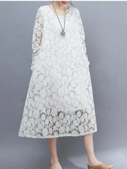 Women's Work Dress Lace Dress Black Dress Fashion Midi Dress Lace Crew Neck Long Sleeve Plain Loose Fit Black White Pink Fall Winter M L XL XXL 3XL